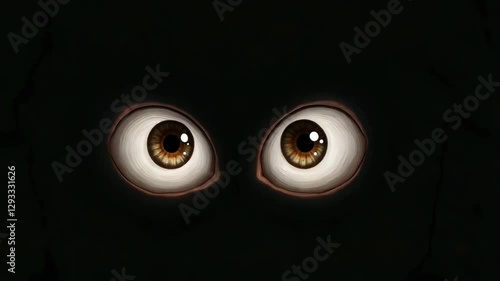 The image shows a pair of large eyes on a black background, looking and blinking straight ahead.