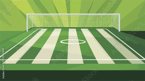 A stylized illustration of a soccer field. The field is depicted with bright green grass and thick white lines marking the playing area. A goal with a translucent net is visible at the far end. The