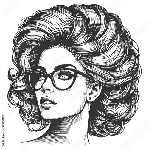 woman with large glasses and voluminous wavy hair, gazing thoughtfully sketch engraving generative ai fictional character vector illustration. Scratch board imitation. Black and white image.