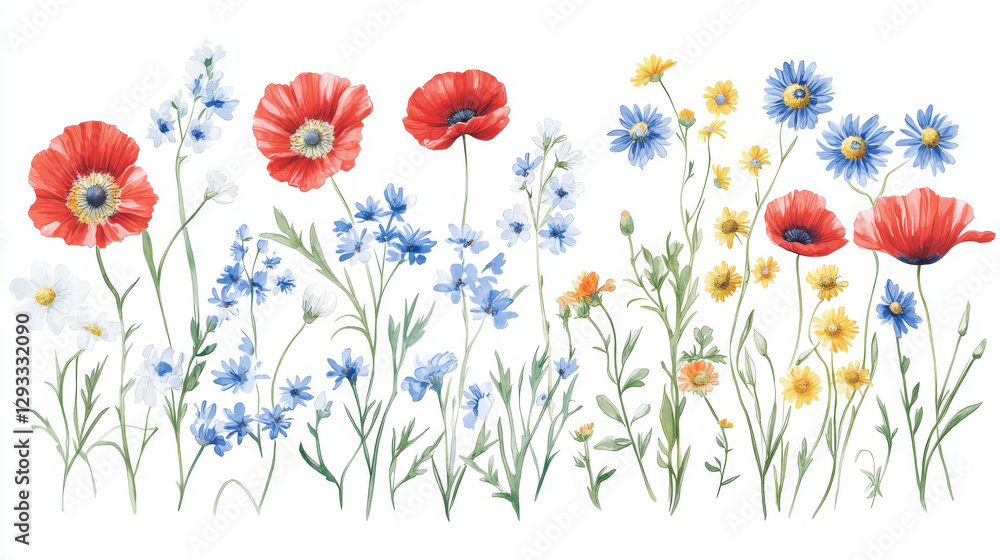 Fototapeta premium Set of decorative elements with flowers chamomile, poppies and cornflowers, can be used as wrapping or card for greeting invitation wedding birthday Easter 