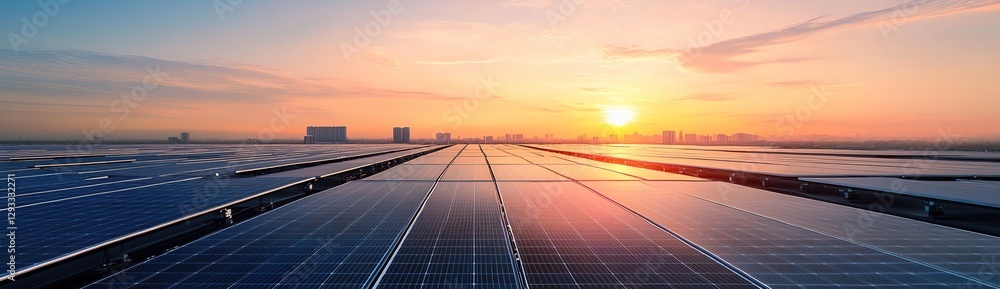 Urban Solar Panels Harvest Energy at Sunset: Clean Sustainable Power for Cityscapes, Reducing Carbon Footprint with Renewable Technology Urban Solar Panels Harvest Energy at Sunset: Clean Sustainable Power for Cityscapes, Reducing Carbon Footprint with Renewable Technology