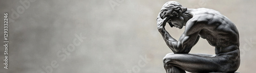 contemplative sculpture representing deep thought and philosophy, showcasing muscular figure in seated position