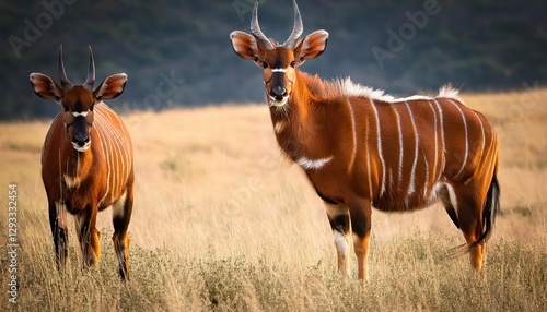 Majestic Tragelaphus Eurycerus against the Serenade of an African Sunset, Standing Vigilantly in the Savannah Grasslands, Radiating Power and Grace amidst the Crimson Sky at Twilight. photo