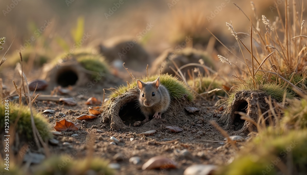 Obraz premium Cute field mouse sits near burrow entrance in autumn meadow. Tiny rodent among fallen leaves, dry grass at sunset. Wild animal habitat, ecosystem observation, rodent control in agriculture.
