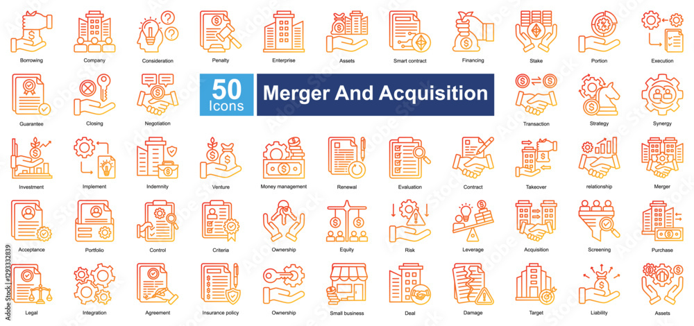 Naklejka premium Merger and Acquisition icon set in Glyph Gradient style, featuring 50 icons of investment, negotiation, strategy, and business takeover. Perfect for corporate finance, legal, and business planning.