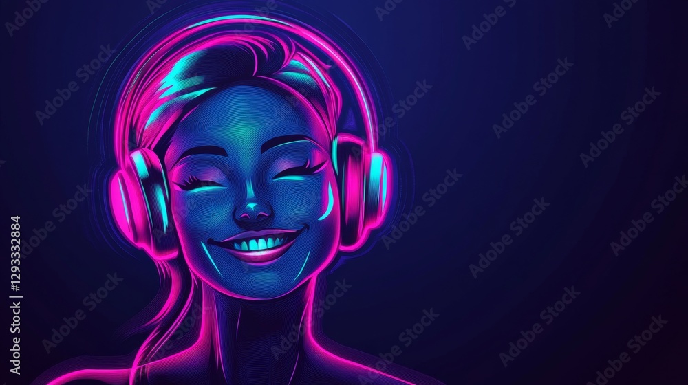Neon Portrait of a Woman Enjoying Music Neon Portrait of a Woman Enjoying Music