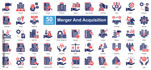 Merger and Acquisition icon set in Mixed style, featuring 50 icons of investment, negotiation, strategy, and business takeover. Perfect for corporate finance, legal, and business planning.