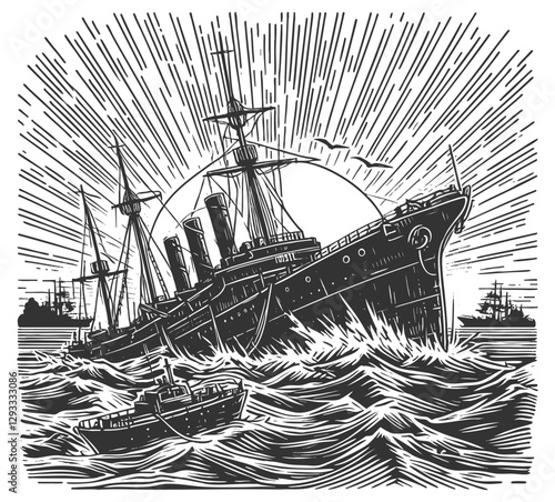 warship shipwreck in ocean waves, sinking with a dramatic sunburst in the background sketch engraving generative ai vector illustration. Scratch board imitation. Black and white image.