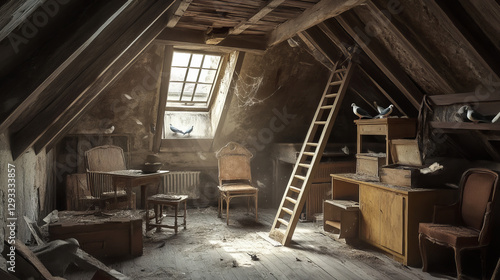 Doves in abandoned attic with old things, ladder in hatch, roof window and furniture. Pigeons live on dilapidated mansard or garret place with spider webs and antique stuff Cartoon vector illustration