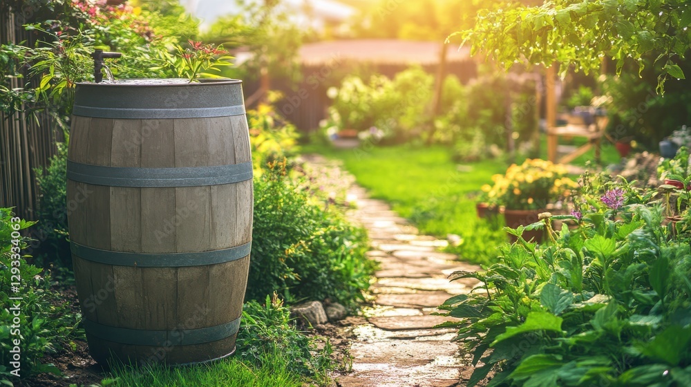 Charming Garden Landscape with Wooden Barrel and Lush Greenery Under Golden Sunset Light Charming Garden Landscape with Wooden Barrel and Lush Greenery Under Golden Sunset Light