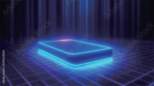 The image shows a rectangular platform with bright blue neon lighting along its edges.  A smaller, fainter pink light is visible on the top surface of the platform. The platform is situated on a