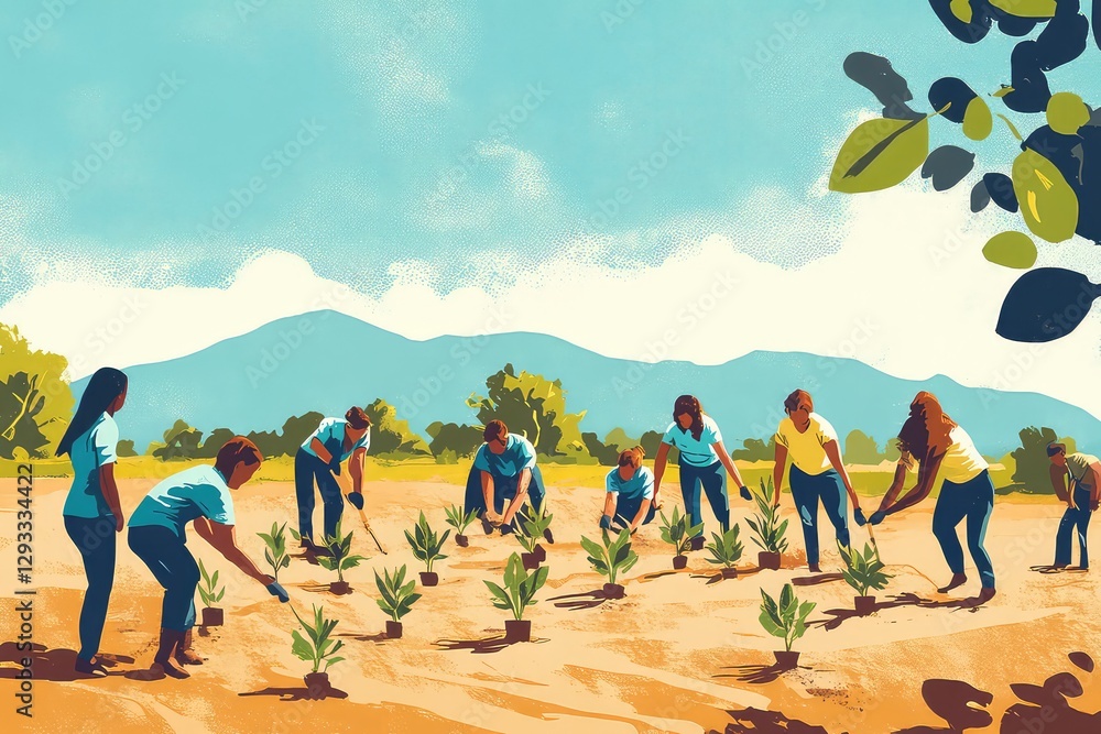 Obraz premium A multicultural team working together on a reforestation project, planting seedlings in a barren field.