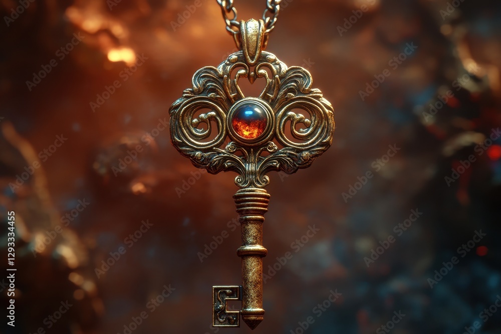 Fototapeta premium Intricately designed golden key with a gemstone pendant surrounded by a mystical backdrop in a darkened setting