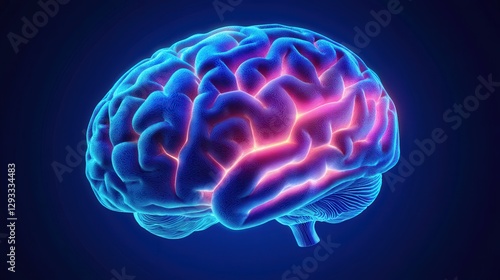 Fototapeta Naklejka Na Ścianę i Meble -  A mesmerizing 3D render of a brain illuminated in vivid blue and pink neon lights. Intricate details enhance its depth and dimension with a bold color contrast