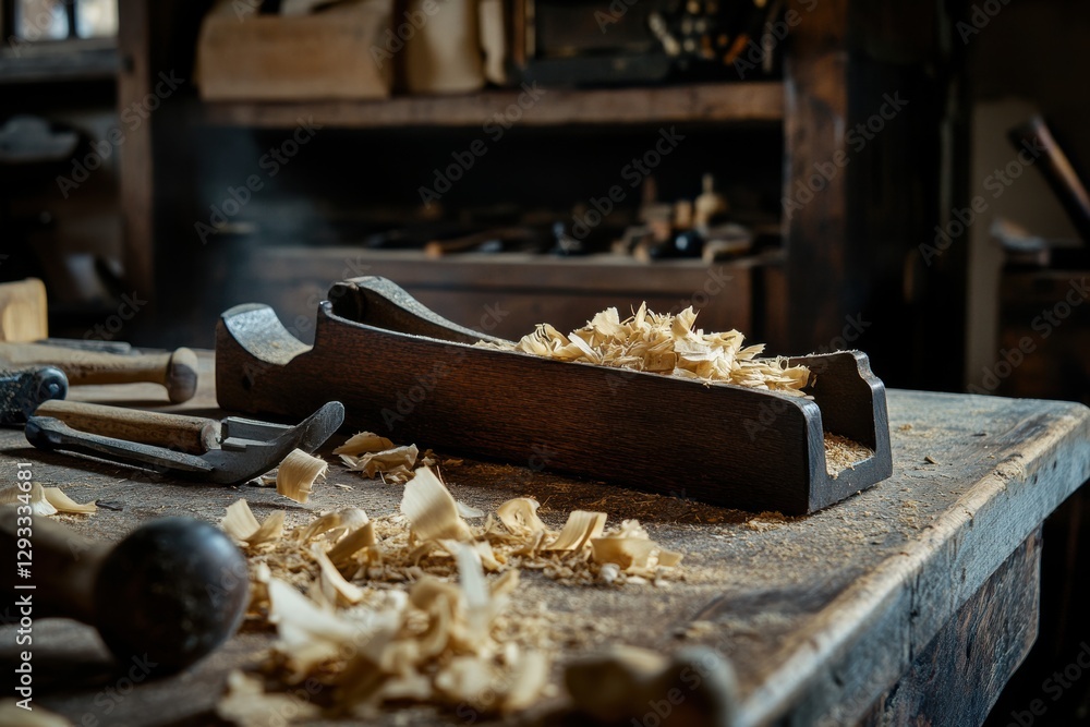Crafting wood shavings workshop photography rustic environment close-up view carpenter's artistry Crafting wood shavings workshop photography rustic environment close-up view carpenter's artistry