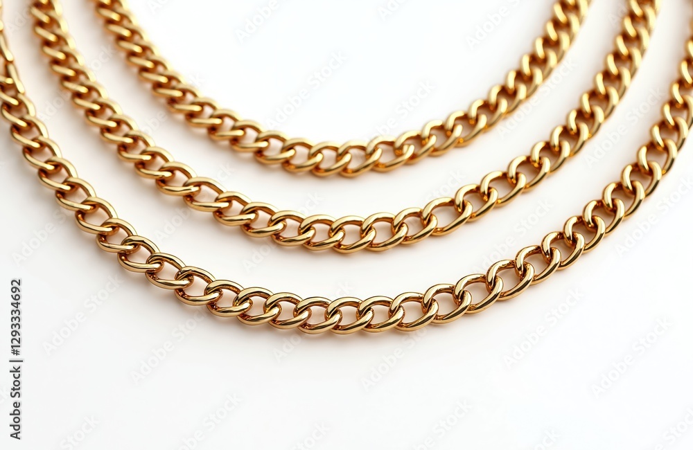 Golden chains isolated on white background. Gold metal ornament shiny decoration. Fashion luxury yellow jewelry accessory. Decorative border design element. Blank layout. Copy space. Golden chains isolated on white background. Gold metal ornament shiny decoration. Fashion luxury yellow jewelry accessory. Decorative border design element. Blank layout. Copy space.