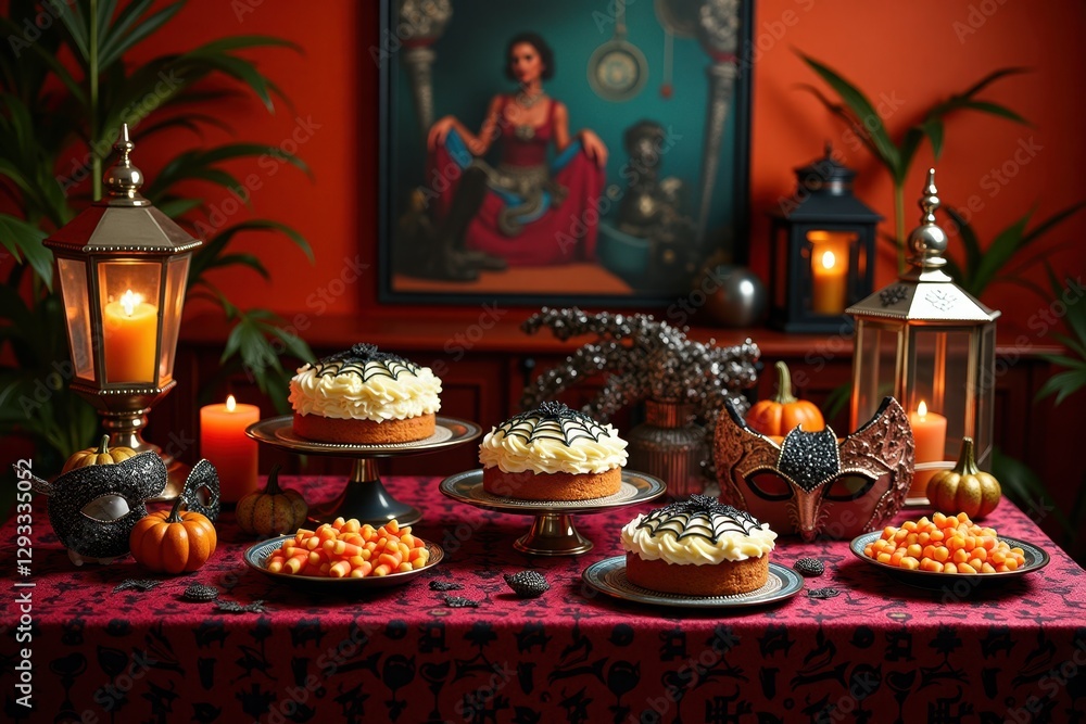 Fototapeta premium A vibrant Halloween feast on a table with spider-web cakes, candy corn, and eerie masks. Art Deco Interior Style.