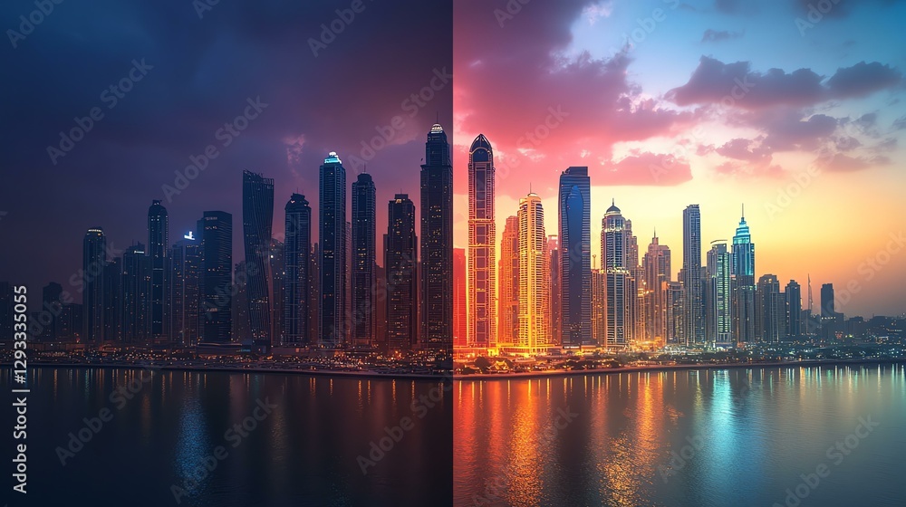 Fototapeta premium Dramatic skyline split between dusk and dawn.