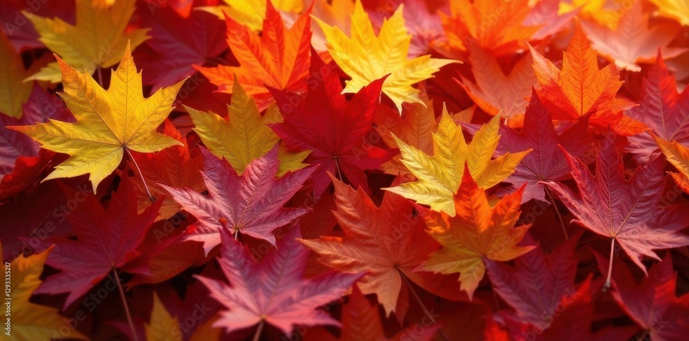Pile of vibrant maple leaves in sunlight, showing rich color variation, fall leaves, autumn leaves Pile of vibrant maple leaves in sunlight, showing rich color variation, fall leaves, autumn leaves