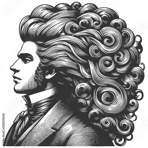 gentleman with an incredibly large, curly hairstyle, blending humor, surrealism, and vintage artistic style sketch engraving generative ai vector illustration. Scratch board. Black and white image.