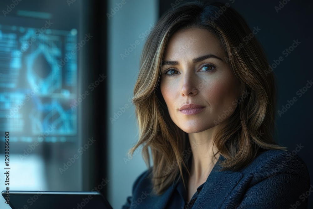 Confident businesswoman reviewing data on a tablet, serious expression near a digital screen. Confident businesswoman reviewing data on a tablet, serious expression near a digital screen.