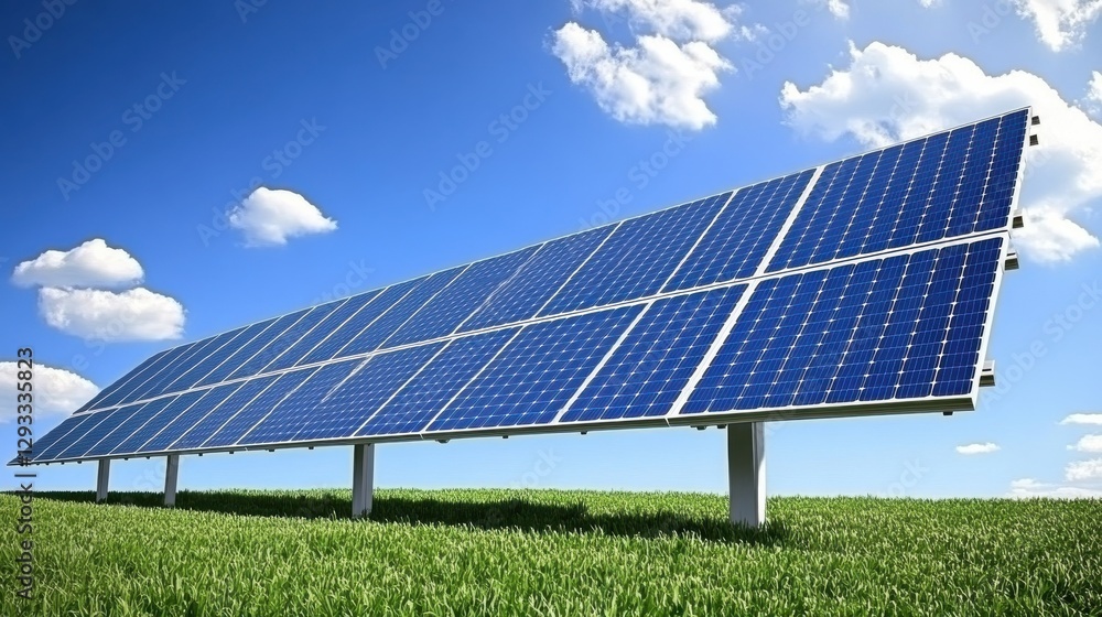 Solar Panels on Green Field Under Blue Sky with Clouds for Renewable Energy and Sustainable Living Concepts Solar Panels on Green Field Under Blue Sky with Clouds for Renewable Energy and Sustainable Living Concepts