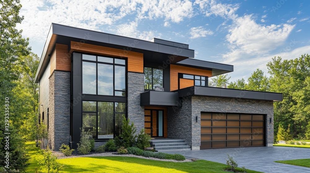 Modern house with natural stone cladding, bronze siding, and contemporary architectural design. Modern house with natural stone cladding, bronze siding, and contemporary architectural design.