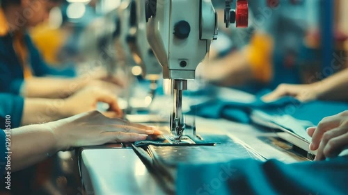 Hands working on a sewing machine, stitching fabric in a bustling textile manufacturing factory