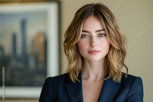 A young woman with shoulder-length wavy blonde hair, wearing a dark blue blazer, looks directly at the camera with a neutral expression.