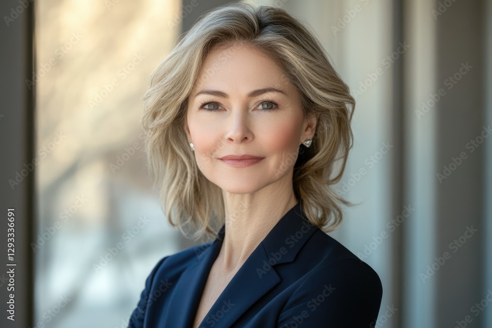 Portrait of a confident, middle-aged woman in a navy blue blazer, exuding professionalism and elegance. Portrait of a confident, middle-aged woman in a navy blue blazer, exuding professionalism and elegance.