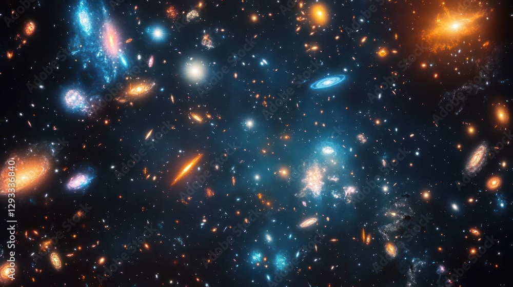 Fototapeta premium Distant Galaxies Cluster, Cosmic Dance, Space Background, Astronomy
