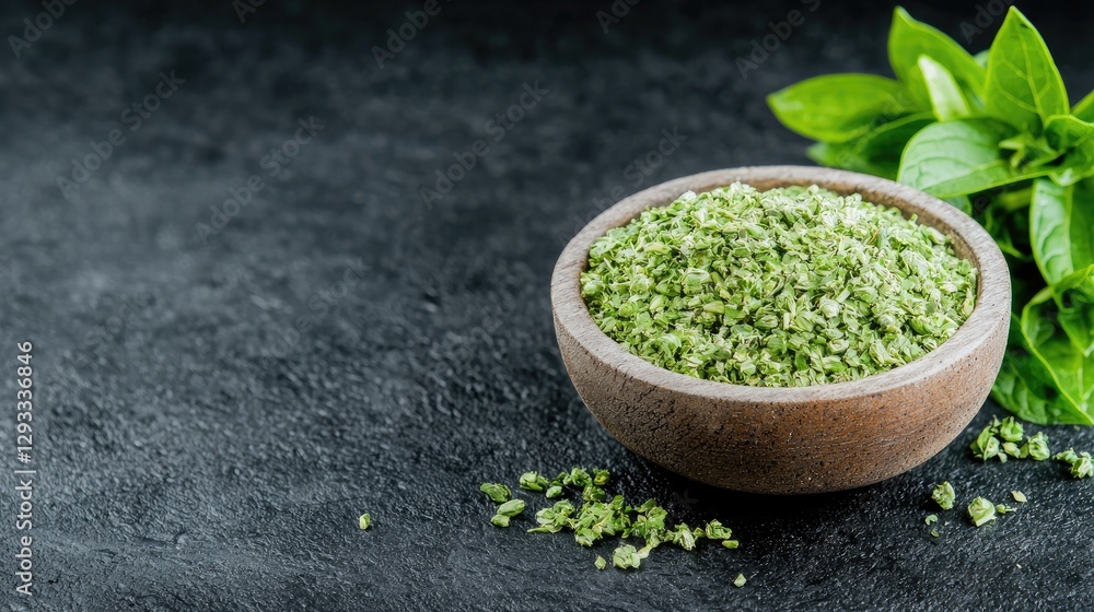 Dried basil in bowl, fresh basil leaves, dark background, food photography, recipe ingredient Dried basil in bowl, fresh basil leaves, dark background, food photography, recipe ingredient