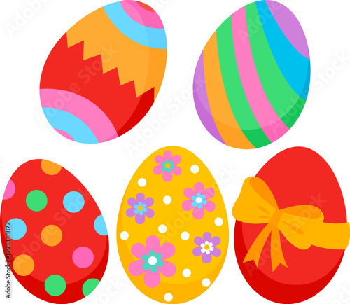 Decorated happy Easter eggs for traditional hunting celebration. Painted Easter eggs set for Spring holiday. Vector illustration