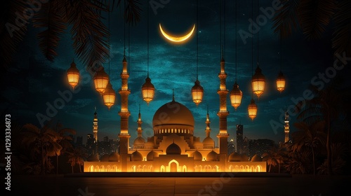 Enchanting Moonlit Mosque An Atmospheric Middle Eastern Architectural Masterpiece Bathed in the Warm Glow of Crescent Moon and Lanterns Exuding a Sense of Mysticism and Cultural Heritage