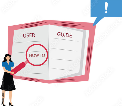 User manual guide book concept, People characters holds magnifier to read for guidance manual instruction textbook, specification user tutorial document, terms and conditions