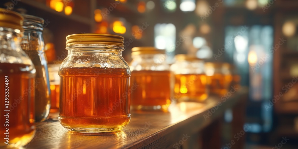 Close-Up of Different Honey Jars Arranged Close-Up of Different Honey Jars Arranged