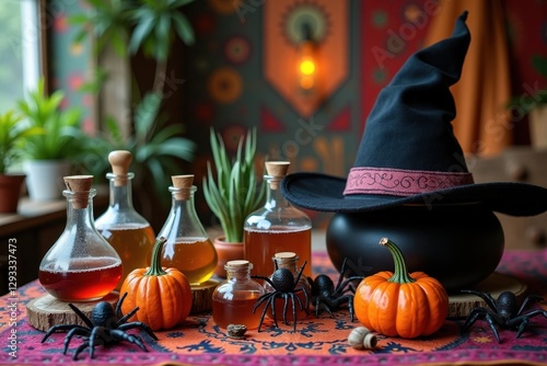 A bewitching Halloween table filled with potions in glass bottles, creepy spiders, and a bubbling cauldron. A large, friendly witchs hat adds a whimsical touch to the decor.