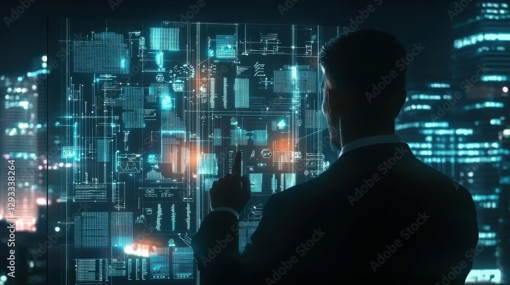 Futuristic digital cityscape with glowing high tech HUD interface system against a dark dramatic cinematic backdrop Concept of advanced intelligence data analytics and urban innovation Futuristic digital cityscape with glowing high tech HUD interface system against a dark dramatic cinematic backdrop Concept of advanced intelligence data analytics and urban innovation