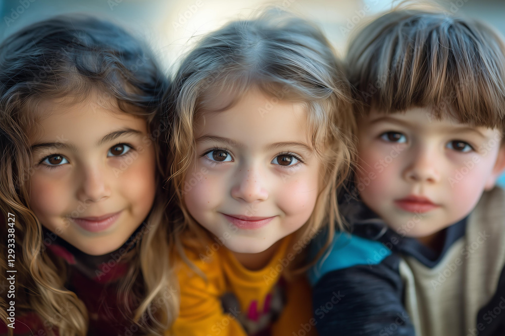 close-up photo of three smiling children, two girls and one boy, posing together. The girl in the center has curly blonde hair and big brown eyes, wearing a yellow sweater. close-up photo of three smiling children, two girls and one boy, posing together. The girl in the center has curly blonde hair and big brown eyes, wearing a yellow sweater.