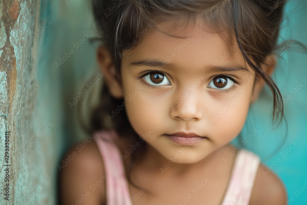 close-up photo of a young girl with dark skin, big brown eyes, and dark brown hair. She is wearing a soft pink dress, and her gaze is direct and expressive, evoking a sense of innocence and curiosity. close-up photo of a young girl with dark skin, big brown eyes, and dark brown hair. She is wearing a soft pink dress, and her gaze is direct and expressive, evoking a sense of innocence and curiosity.