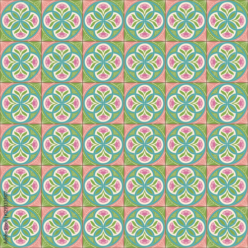 Nyonya Floral Tile Seamless Pattern, Pastel Green and Pink Color, Floral Pattern, Flat Illustration