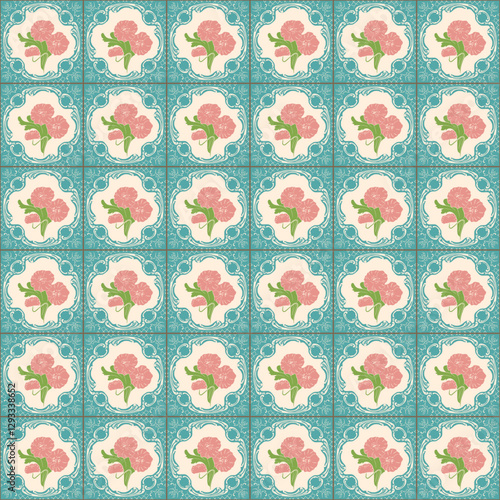 Nyonya Floral Tile Seamless Pattern, Pastel Teal Color, Floral Pattern, Flat Illustration