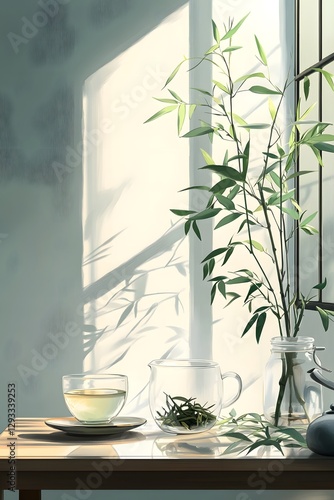 Oolong tea and bamboo leaves on Japanese coffee tables