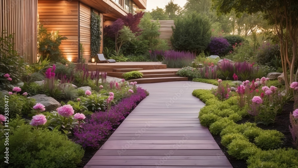 A Modern Garden Path Lit by Ambient Lighting, Highlighting Lush Plants and Flowers at Night A Modern Garden Path Lit by Ambient Lighting, Highlighting Lush Plants and Flowers at Night