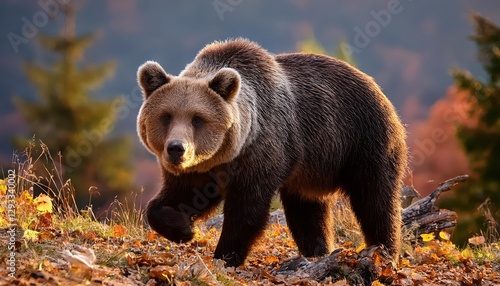 Fototapeta Naklejka Na Ścianę i Meble -  Powerful Brown Bear in the Carpathian Mountains of Poland, Majestic Wildlife Captured in a Wintery Landscape, Showcasing the Beauty and Strength of Ursus arctos Against SnowCapped Peaks.
