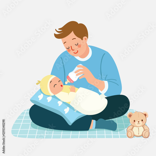 Father feeds newborn baby with milk from baby bottle. Baby caring vector in flat design isolated on white background. Baby feeding position with pillow. Father's day clipart in cartoon style.