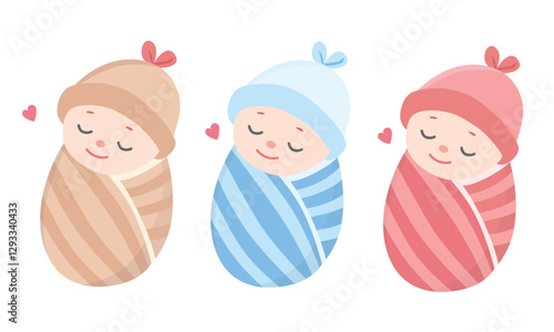 Sleeping baby vector in cartoon style isolated on white background. Newborn baby in swaddle clipart. Baby shower. 