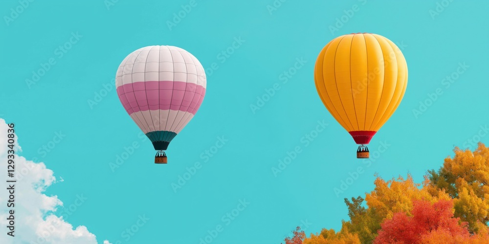 Obraz premium Two hot air balloons are flying in the sky, one is pink and the other is yellow. The sky is blue and there are some clouds in the background. Concept of freedom and adventure