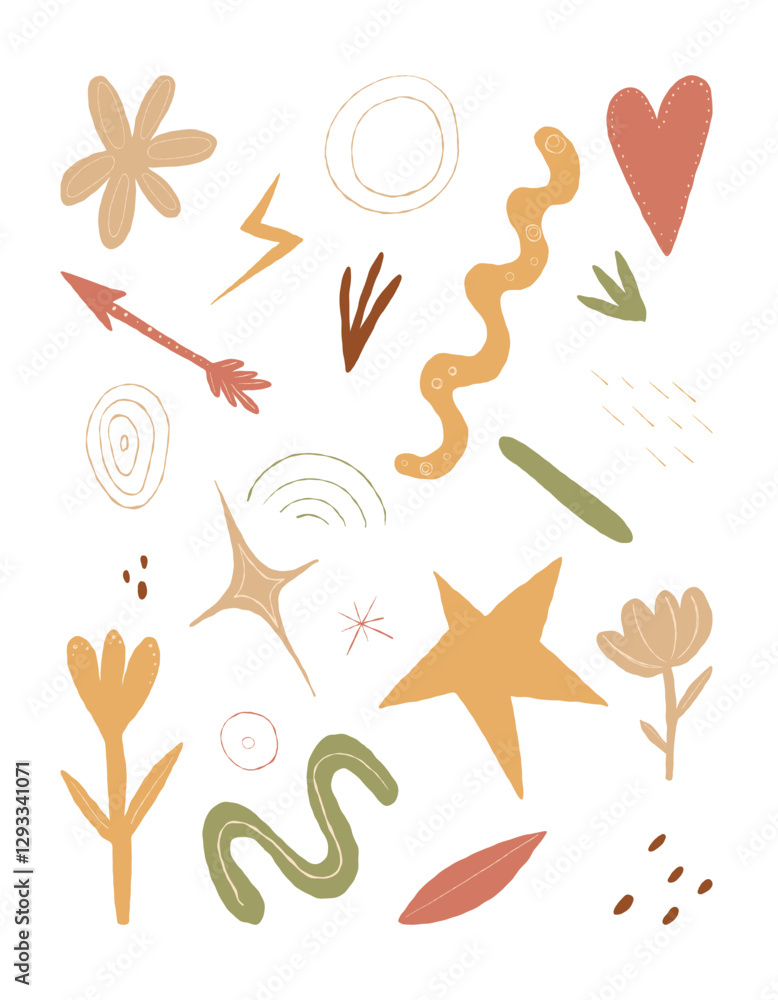 Fototapeta premium Modern abstract vector clipart with hand-drawn doodles, organic shapes, and geometric elements in earthy tones. Perfect for branding, posters, stickers, prints, and creative design projects.