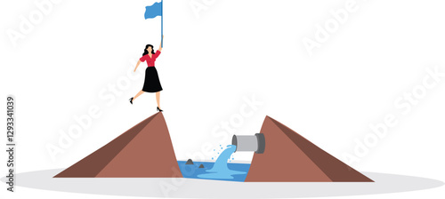 Businesswoman holds flag on top of mountain symbol. Achievement, leadership, business career and success